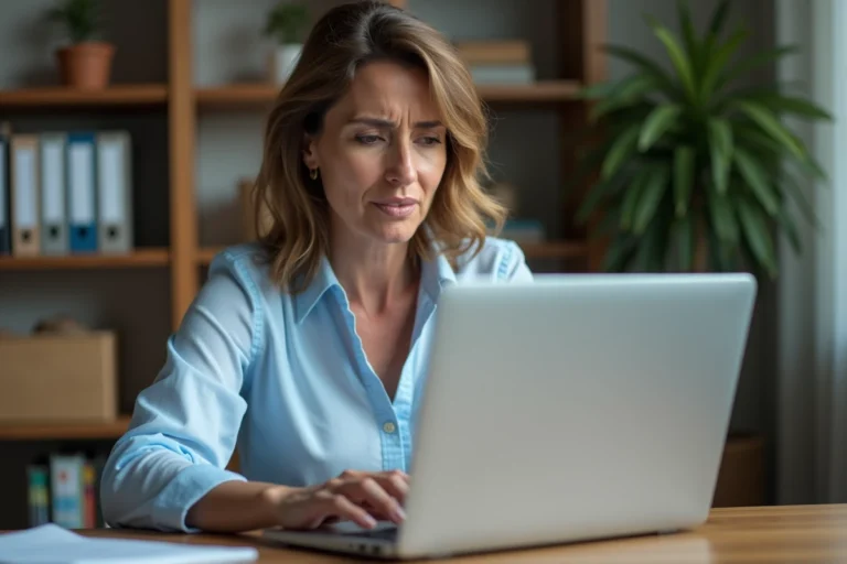 Femme essayant d'accéder à son compte Camieg sur un ordinateur portable depuis son bureau à domicile