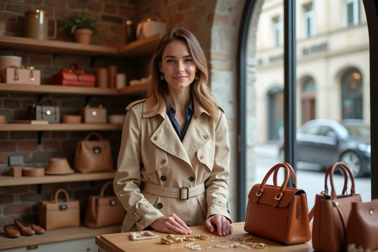 Jeune femme arrangeant des accessoires de mode haut de gamme dans une boutique parisienne élégante