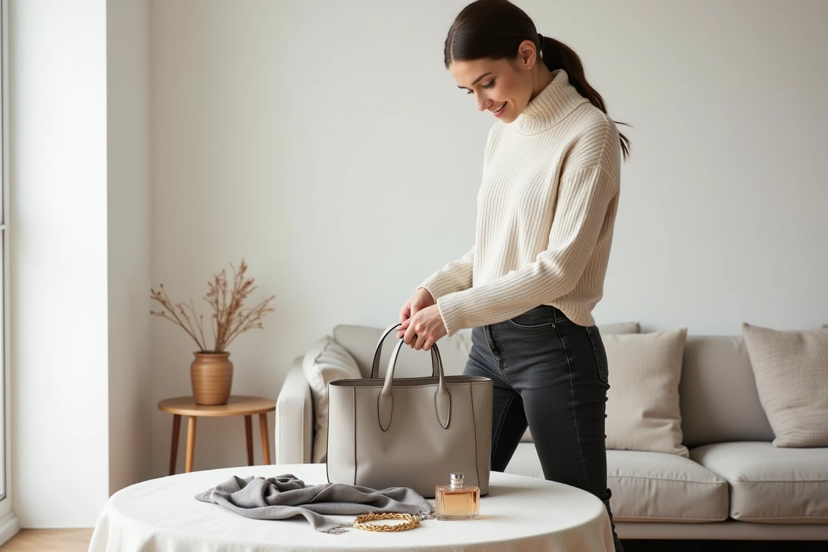 Femme arrangeant ses accessoires du quotidien dans un appartement scandinave minimaliste