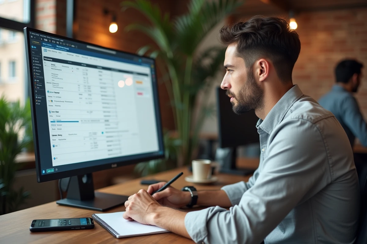 Entrepreneur analysant son pipeline de prospection B2B sur ordinateur dans un espace de coworking