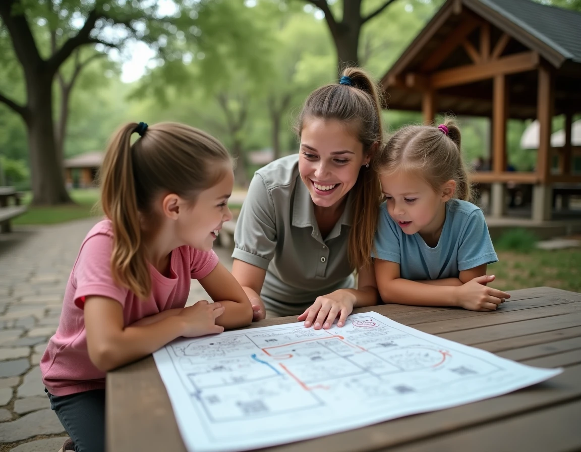 Animatrice de colonie de vacances aidant des enfants à planifier leurs activités estivales