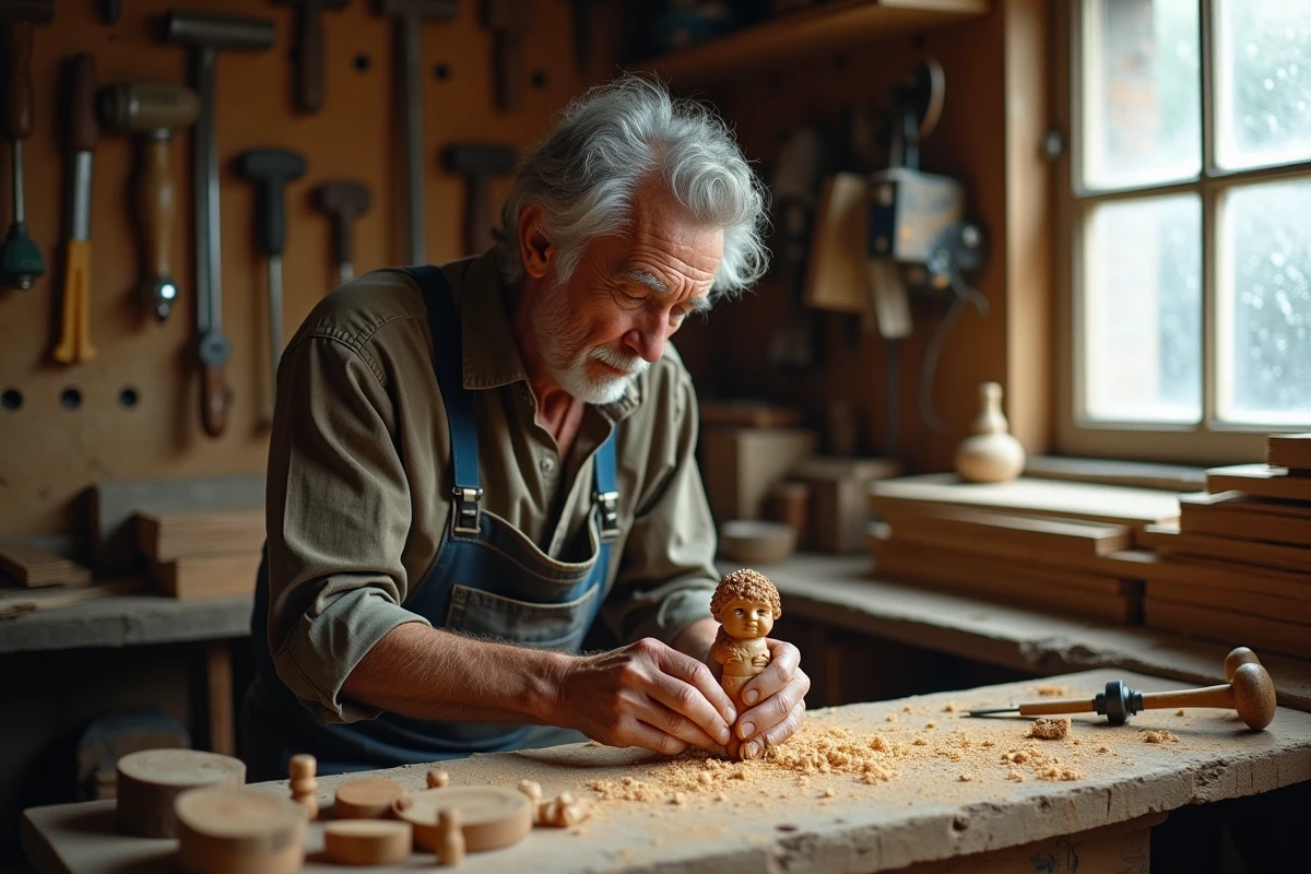 Artisan menuisier âgé sculptant une figurine en bois avec soin dans un atelier traditionnel rempli d'outils et de copeaux