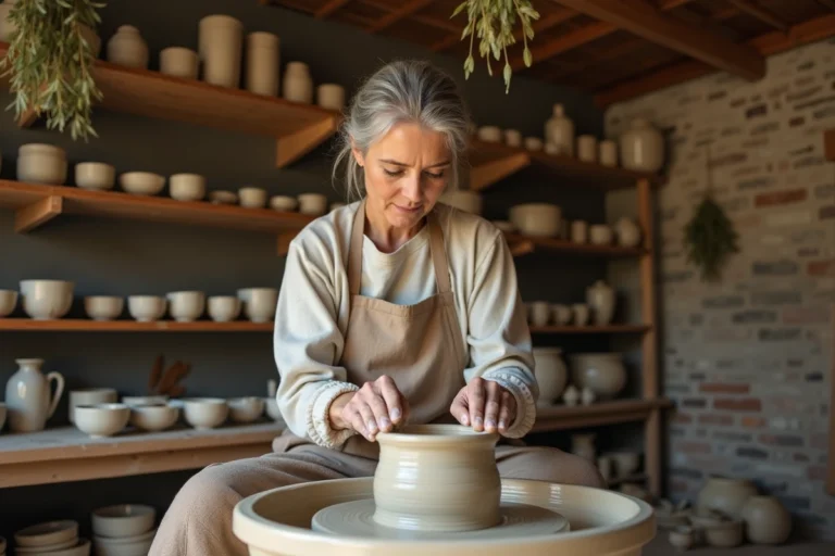 Artisane potière façonnant un vase en argile sur un tour de poterie dans un atelier rustique aux murs de briques apparentes