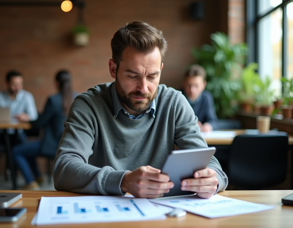 Auto-entrepreneur masculin analysant des documents administratifs et fiscaux dans un espace de coworking
