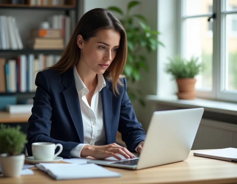 Auto-entrepreneuse française travaillant sur son ordinateur portable dans un bureau à domicile moderne en 2024