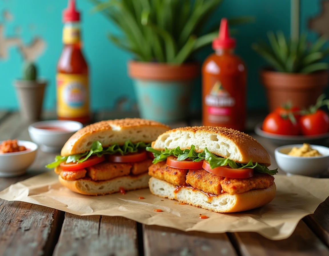 Bokit antillais coupé en deux garni d'accras de morue, tomates et sauce piquante sur une table en bois