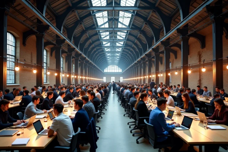Vue intérieure grand angle du campus Station F à Paris, avec des rangées de bureaux partagés sous une charpente métallique historique