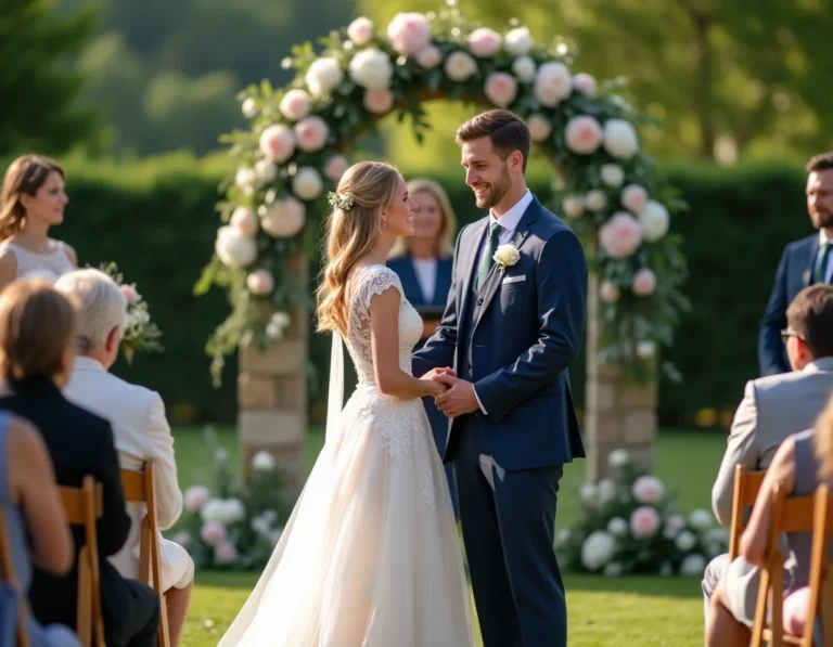 Cérémonie de mariage en plein air dans un jardin de campagne française, mariés sous une arche fleurie de pivoines blanches et roses