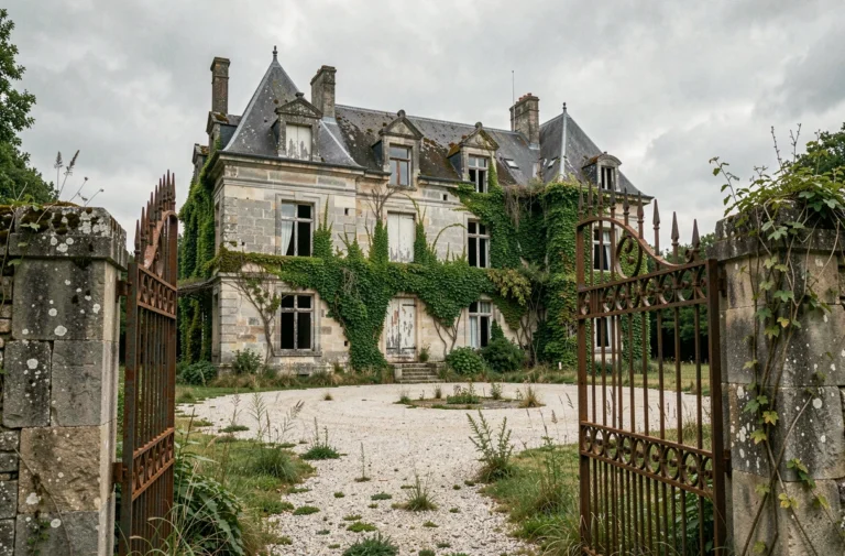 Château abandonné en pierre avec façade envahie par le lierre et portail rouillé, illustrant une vente de château à 1 euro en France