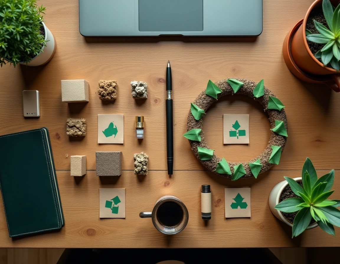 Vue aérienne d'une mise en scène comparant les flux linéaires et circulaires de l'économie sur un bureau en bois avec carnet et smartphone