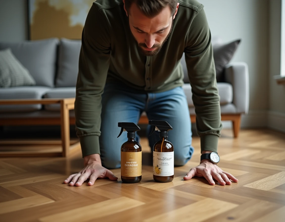 Homme comparant deux produits nettoyants pour parquet en bois dans un salon moderne