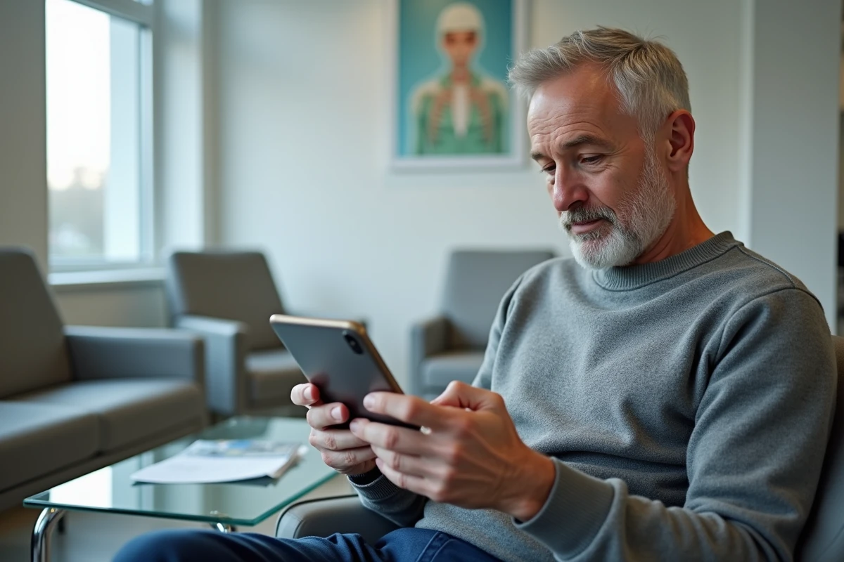 Homme consultant un portail de santé en ligne sur smartphone dans une salle d'attente