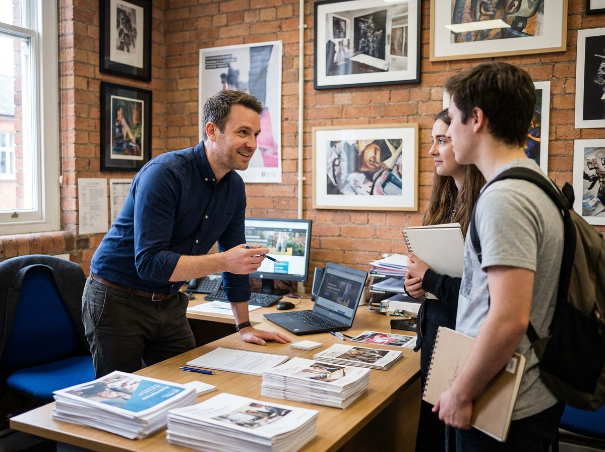 Conseiller pédagogique d'une école d'arts discutant avec des futurs étudiants lors d'une journée portes ouvertes
