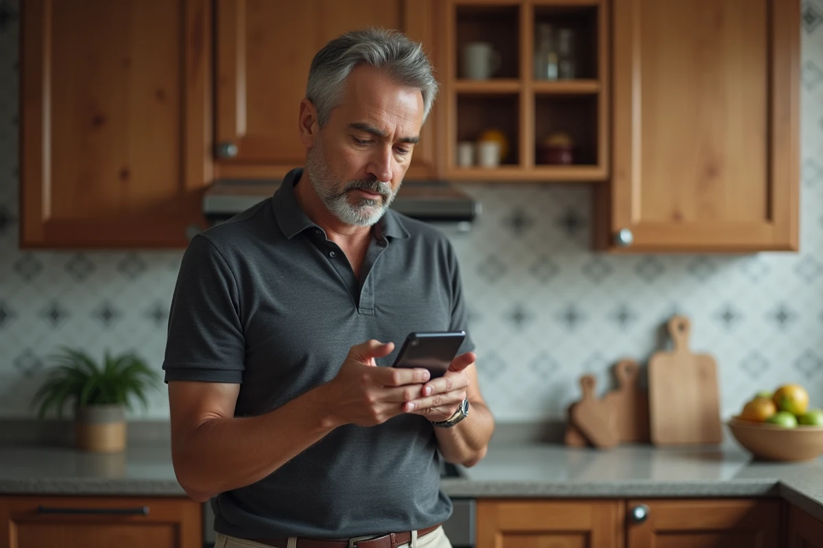 Homme consultant des annonces gratuites sur smartphone dans sa cuisine