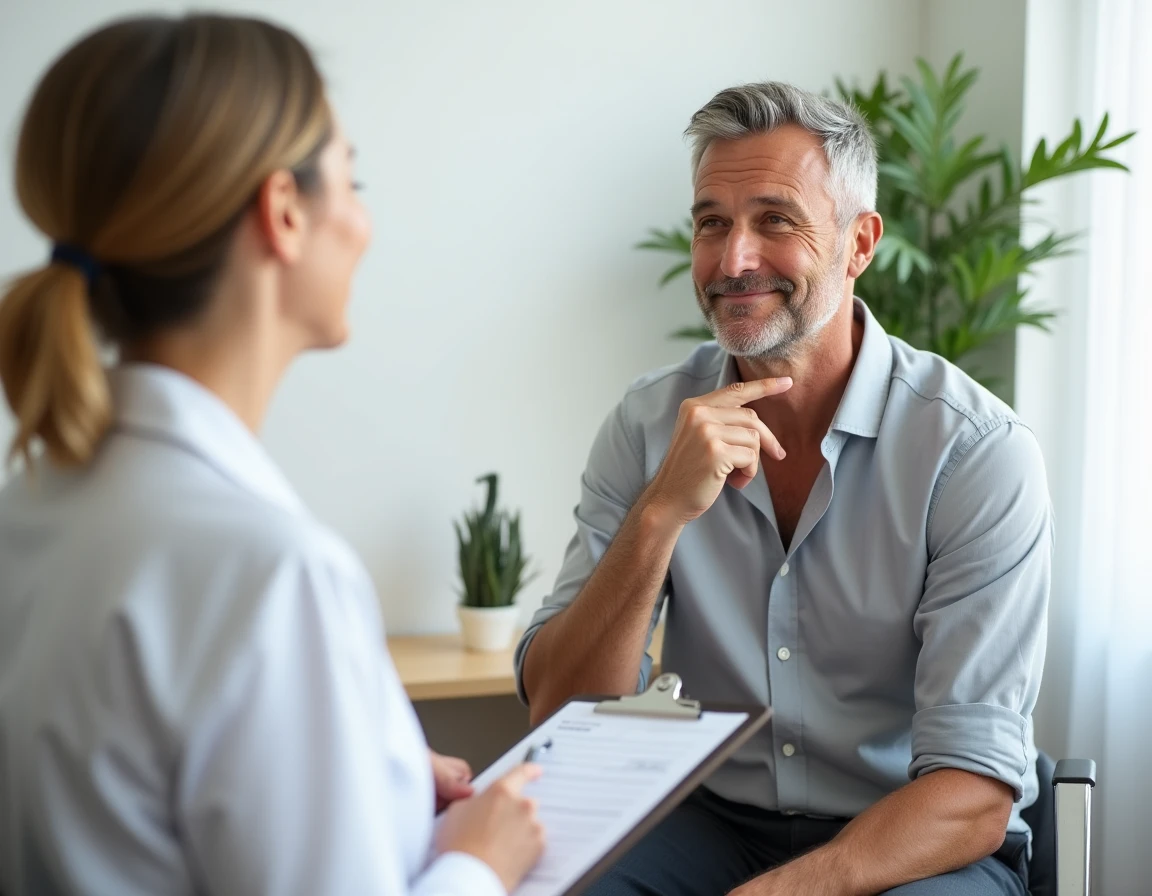 Patient consultant un naturopathe pour traiter un lipome dans le cou sans chirurgie, dans un cabinet de médecine naturelle moderne