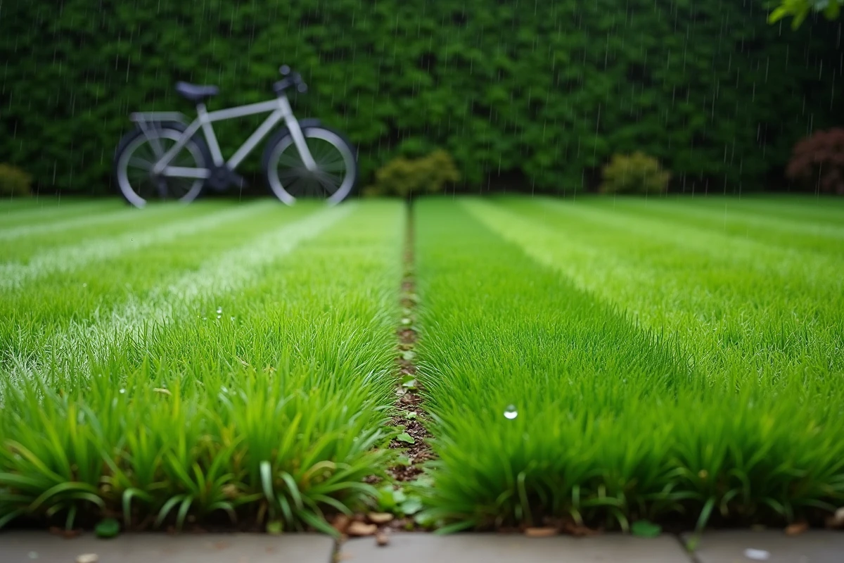 Pelouse divisée en deux moitiés contrastées montrant l'herbe haute mouillée et l'herbe tondue sèche côte à côte