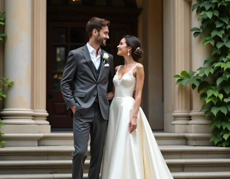 Couple de mariés élégants en tenue formelle sur les marches d'un bâtiment classique européen lors d'une cérémonie de mariage