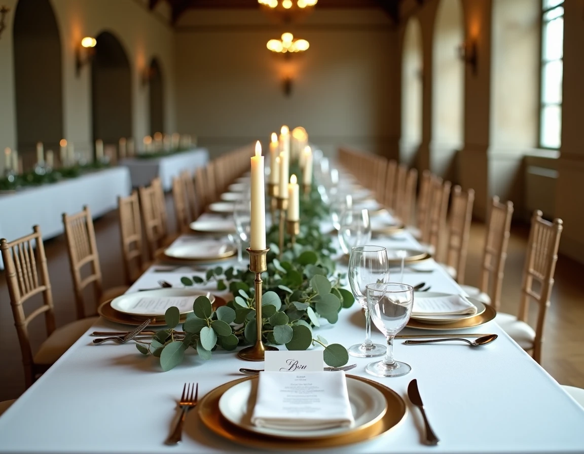 Décoration de table de réception de mariage dans un château français, avec nappe blanche, guirlandes d'eucalyptus et vaisselle dorée