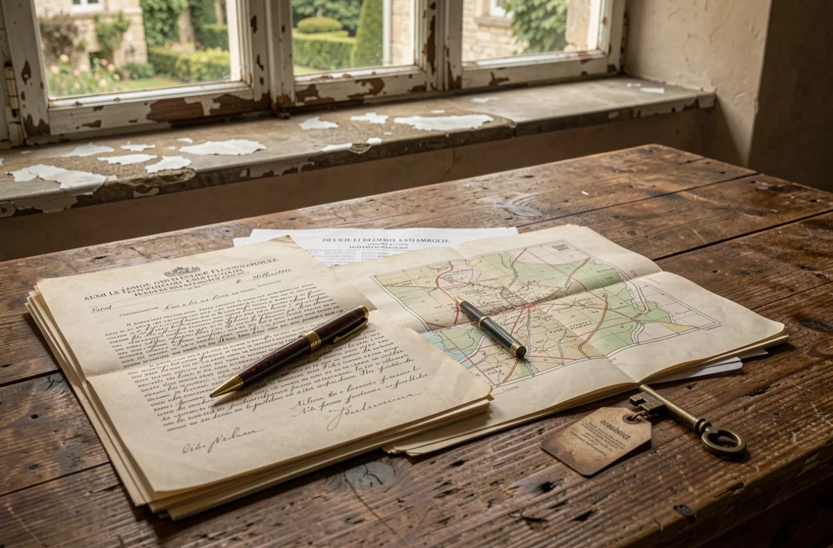 Documents juridiques et actes notariaux pour l'achat d'un château abandonné à 1 euro, avec clé ancienne et plans cadastraux