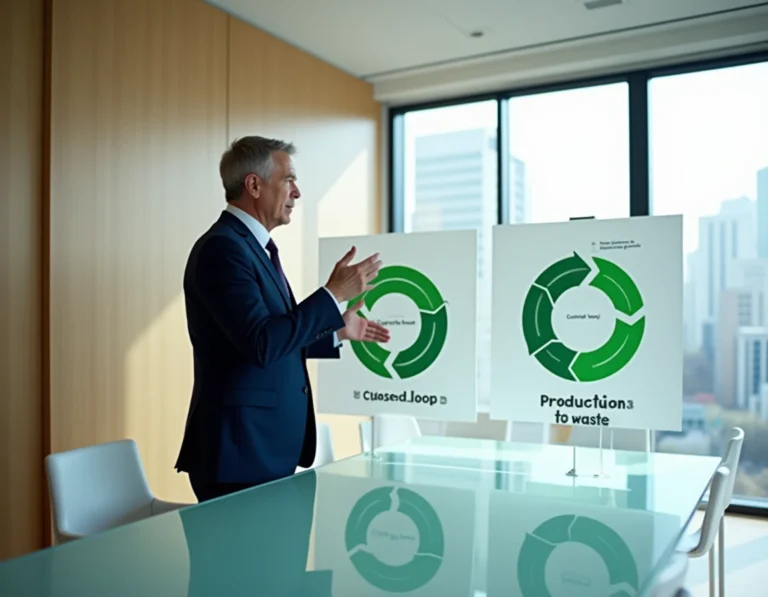 Économiste expliquant les différences entre économie circulaire et économie linéaire devant des schémas en salle de conférence moderne