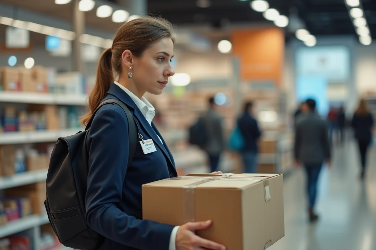 Employée d'un magasin Galeries Lafayette portant ses affaires personnelles lors d'une fermeture de magasin en 2024