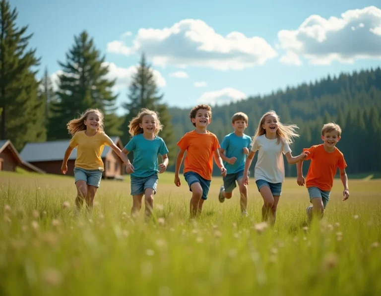 Groupe d'enfants courant joyeusement dans un pré lors d'une colonie de vacances en été