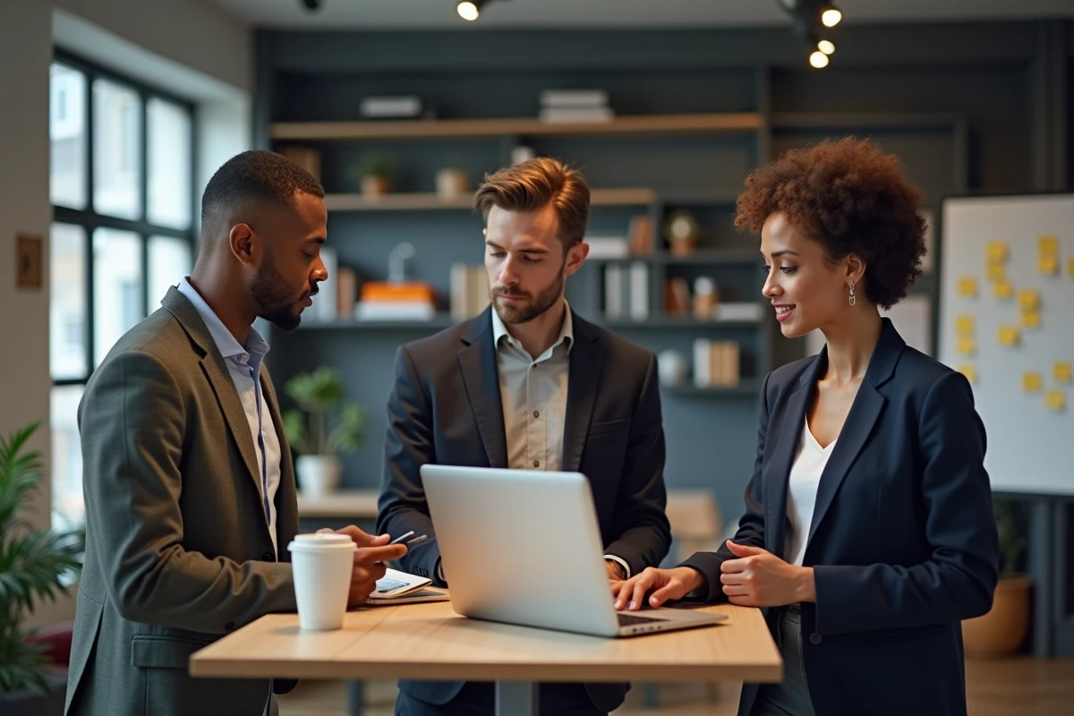Trois jeunes entrepreneurs en réunion informelle dans un espace de coworking de Station F, autour d'un bureau debout avec un ordinateur portable