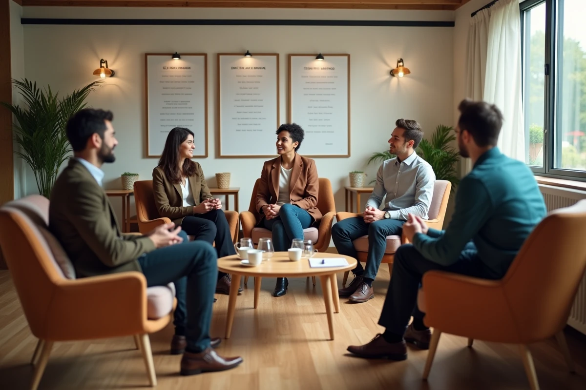Groupe de professionnels en coaching informel en espace détente