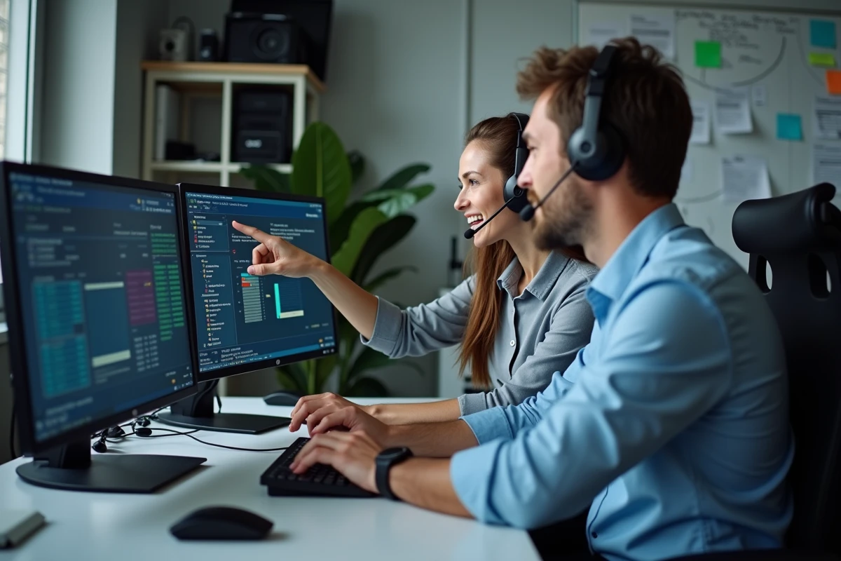 Équipe de support informatique collaborant sur un diagnostic réseau dans un bureau de dépannage