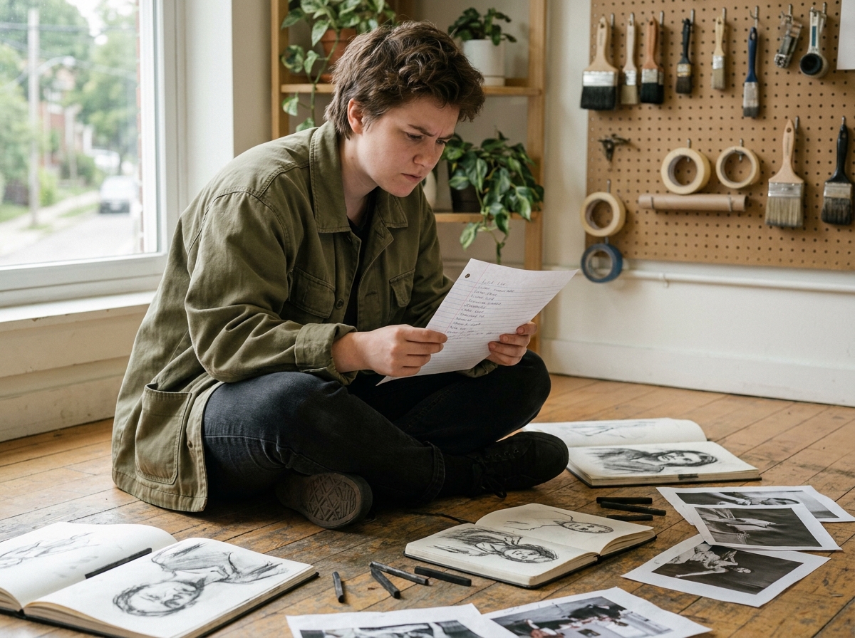 Étudiant en arts assis sur le sol de son espace créatif en train de choisir son école d'arts