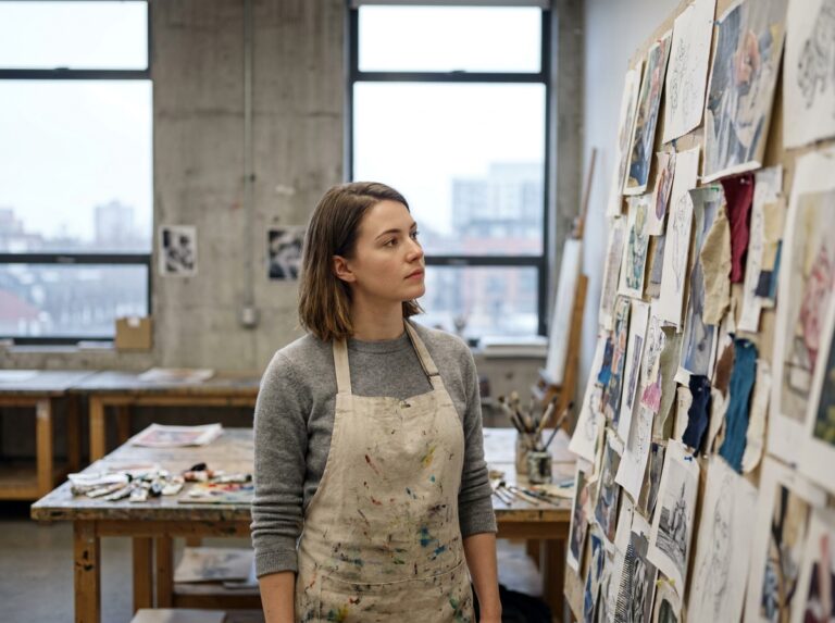 Étudiante en art réfléchissant devant un mur d'œuvres dans un atelier d'école d'arts créatifs