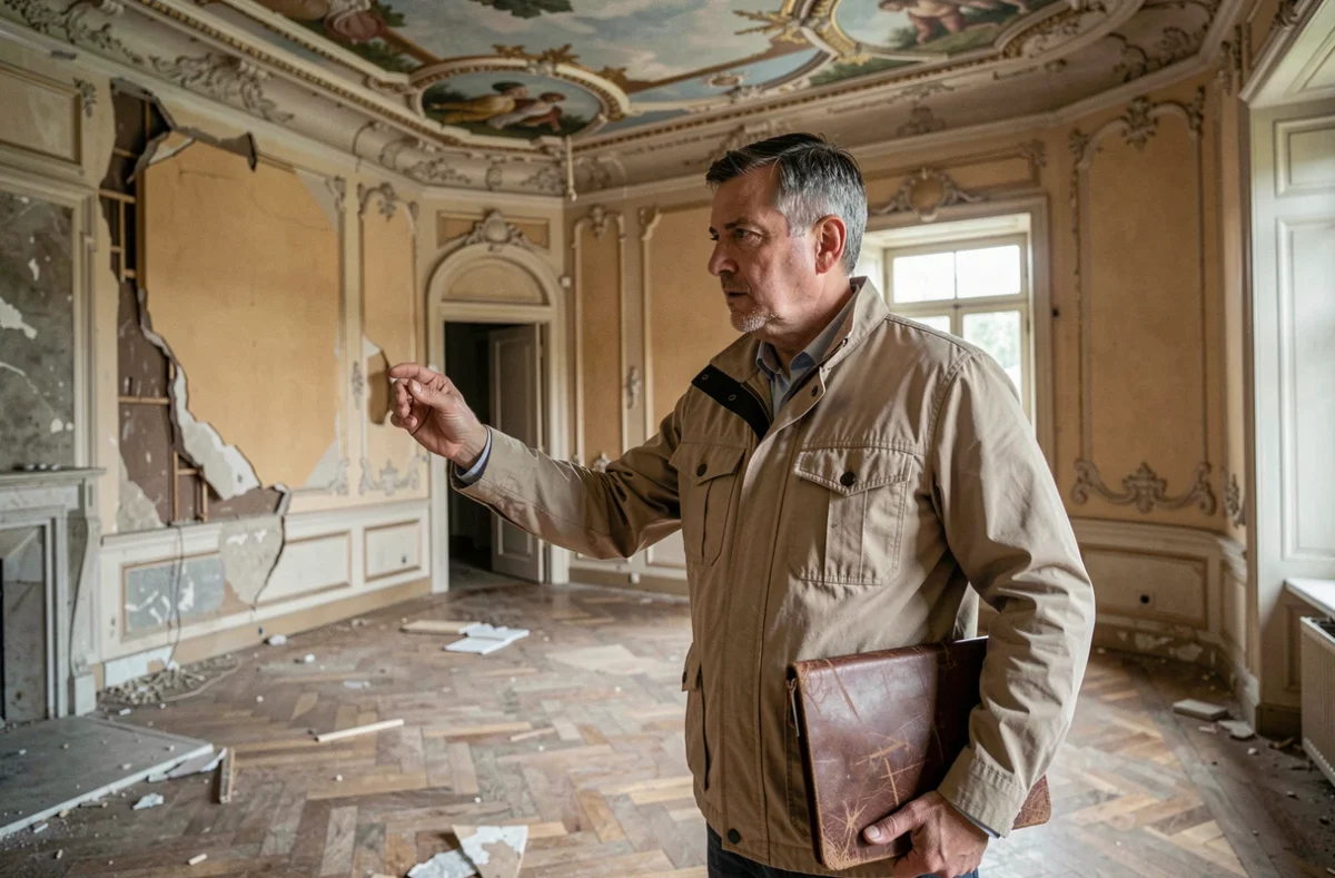 Expert immobilier inspectant l'intérieur délabré d'un château français à vendre, évaluant les risques structurels avant achat