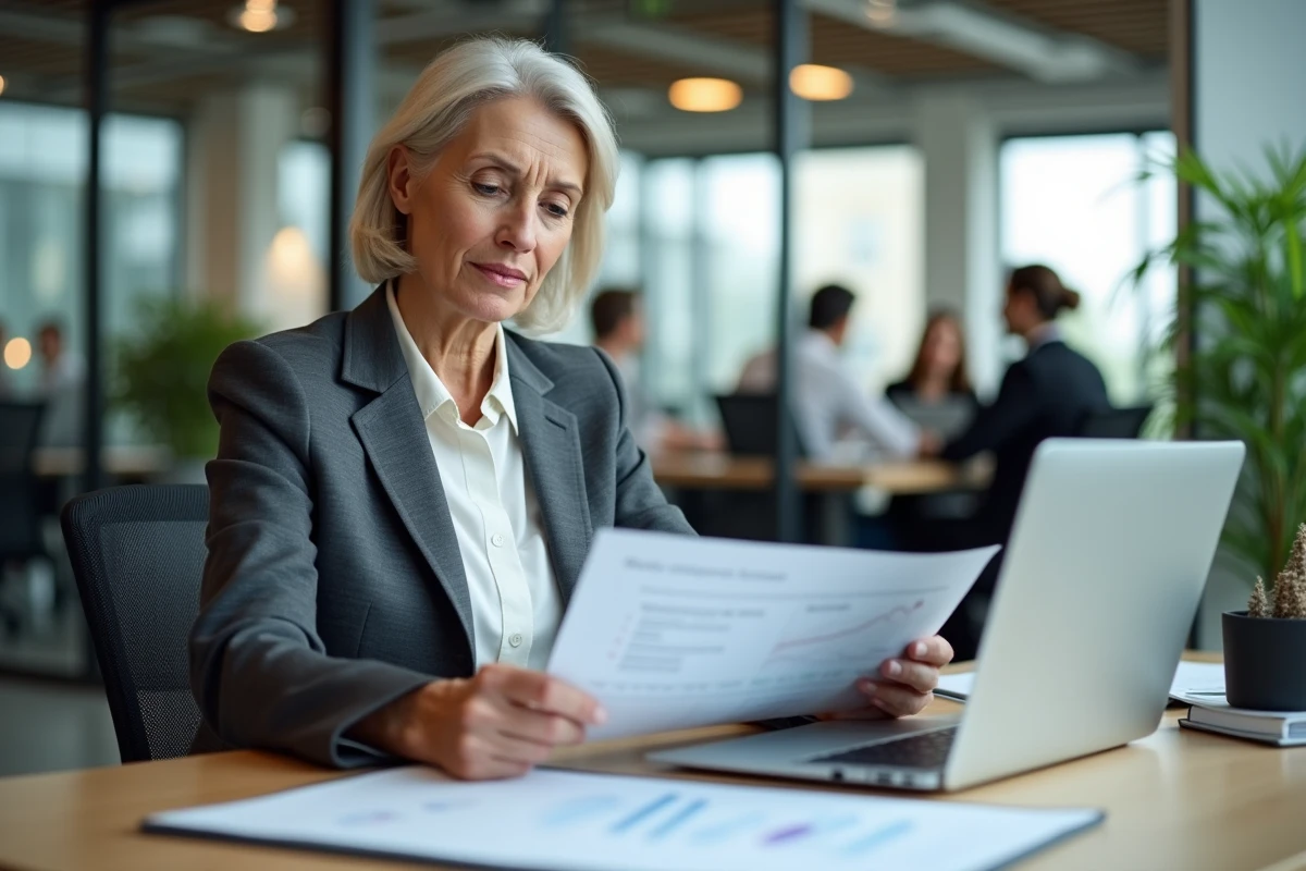 Femme d'affaires évaluant des solutions informatiques pour son entreprise dans un bureau moderne