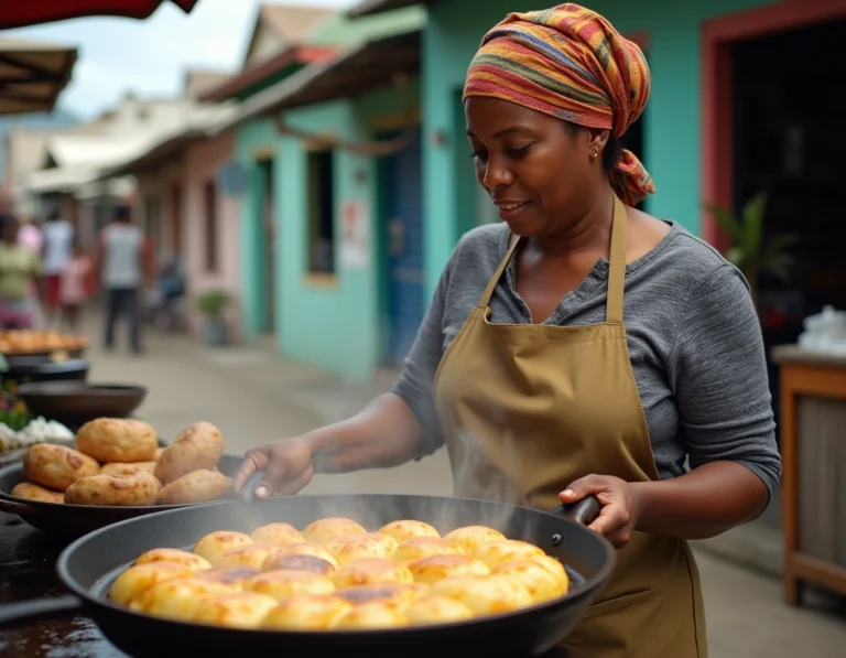 Femme antillaise en madras faisant frire un bokit dans une poêle en fonte au marché de Pointe-à-Pitre