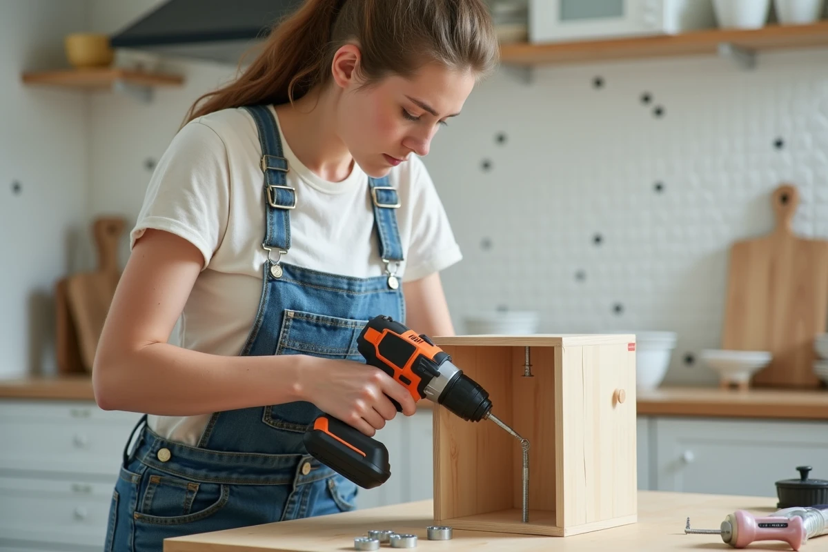 Femme assemblant un meuble dans une cuisine lumineuse