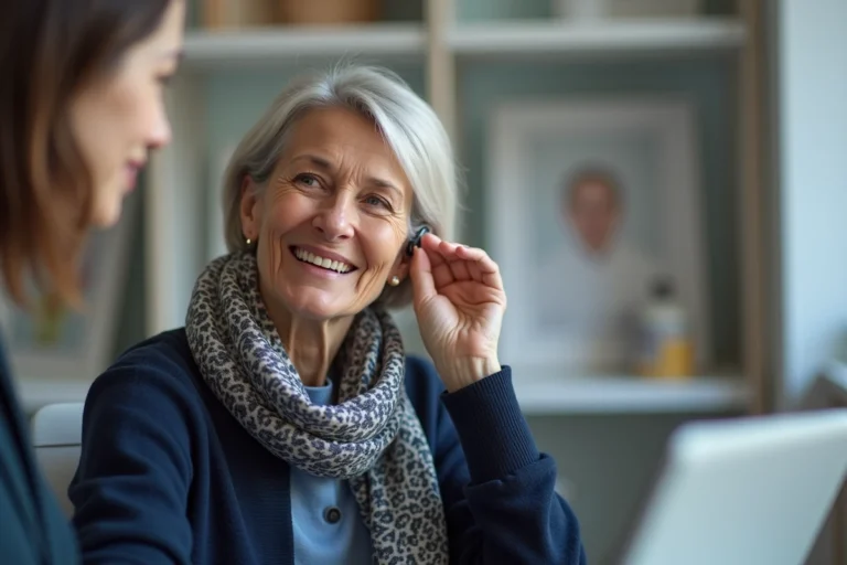 Femme souriante essayant un appareil auditif dans une clinique