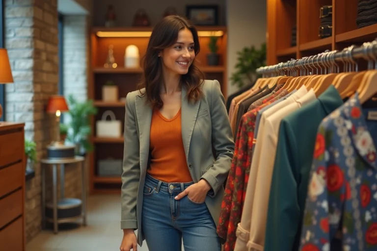 Femme souriante dans une boutique chic en train de choisir une robe en soie