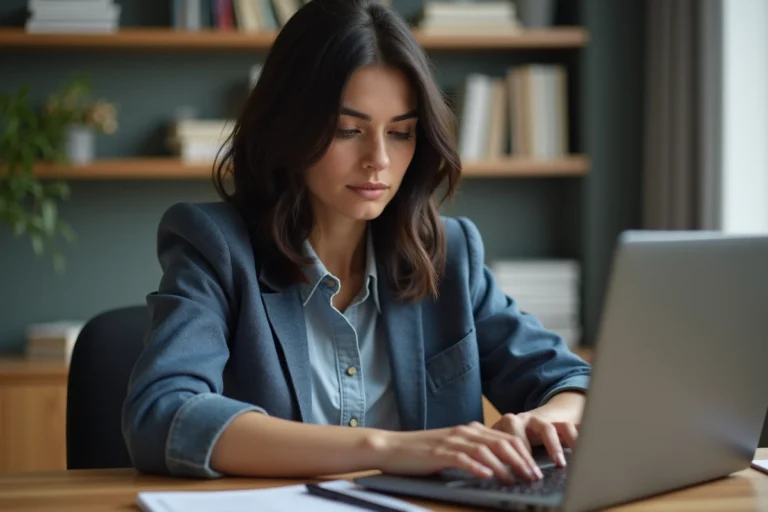 Jeune femme au bureau travaillant sur son ordinateur portable