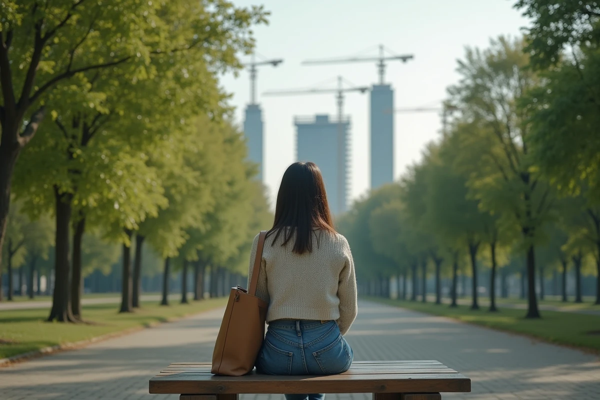 Jeune femme regarde les grues dans un parc urbain