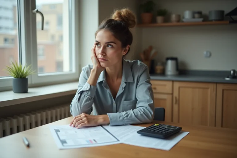 Jeune femme réfléchie vérifiant ses documents financiers
