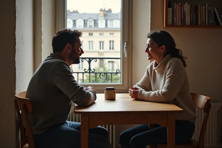 Femme française et jeune homme discutent chaleureusement à Paris