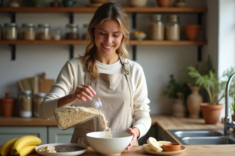 Femme préparant un mélange de flocons d'avoine avec des fruits et des graines dans une cuisine rustique en bois