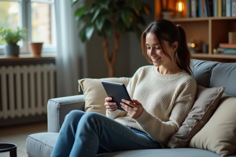 Jeune femme détendue regardant une tablette dans son salon