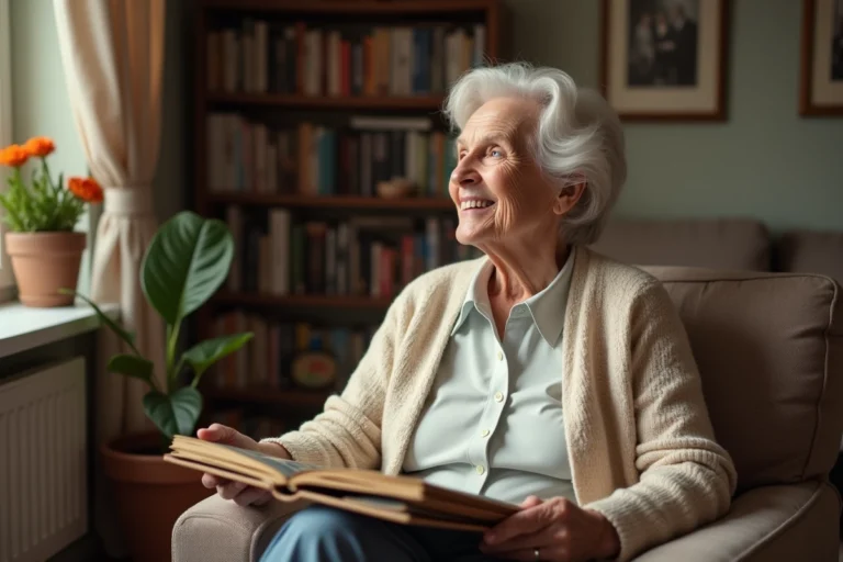 Femme senior française souriante avec album photo