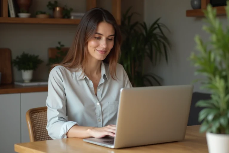 Femme assise à un bureau moderne naviguant sur son ordinateur portable