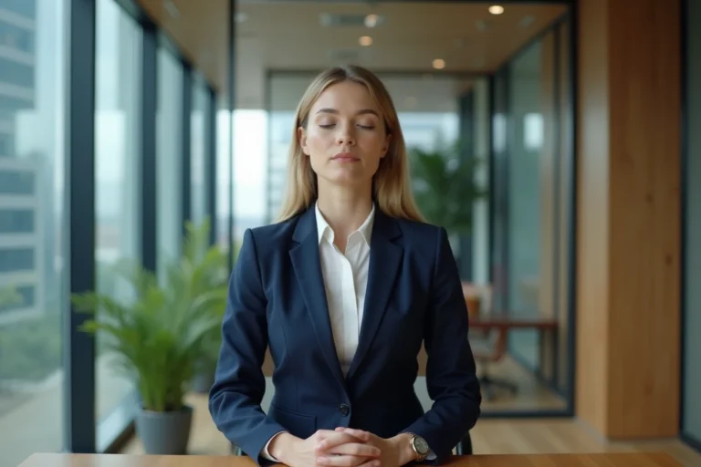 Femme d'affaires en pleine respiration relaxante en bureau