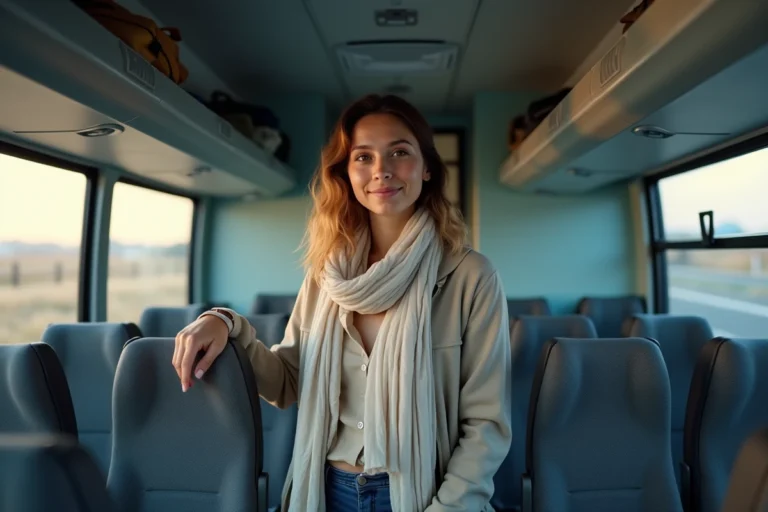 Femme dans le bus moderne près de la porte des toilettes