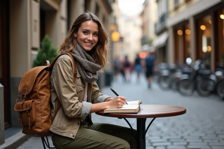 Femme souriante prenant des notes dans un journal de voyage en ville