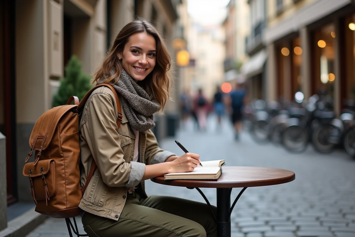 Femme souriante prenant des notes dans un journal de voyage en ville