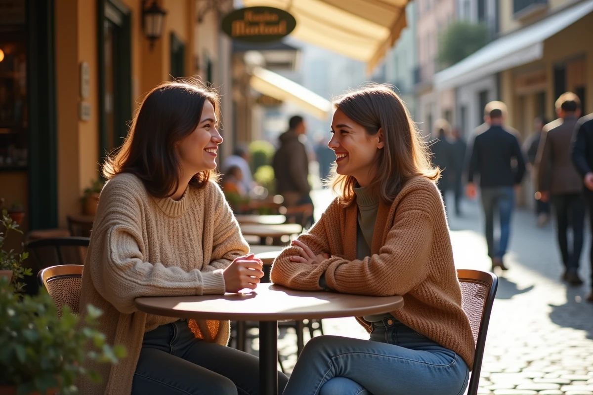 Femme et Zarco discutant dans un café en ville